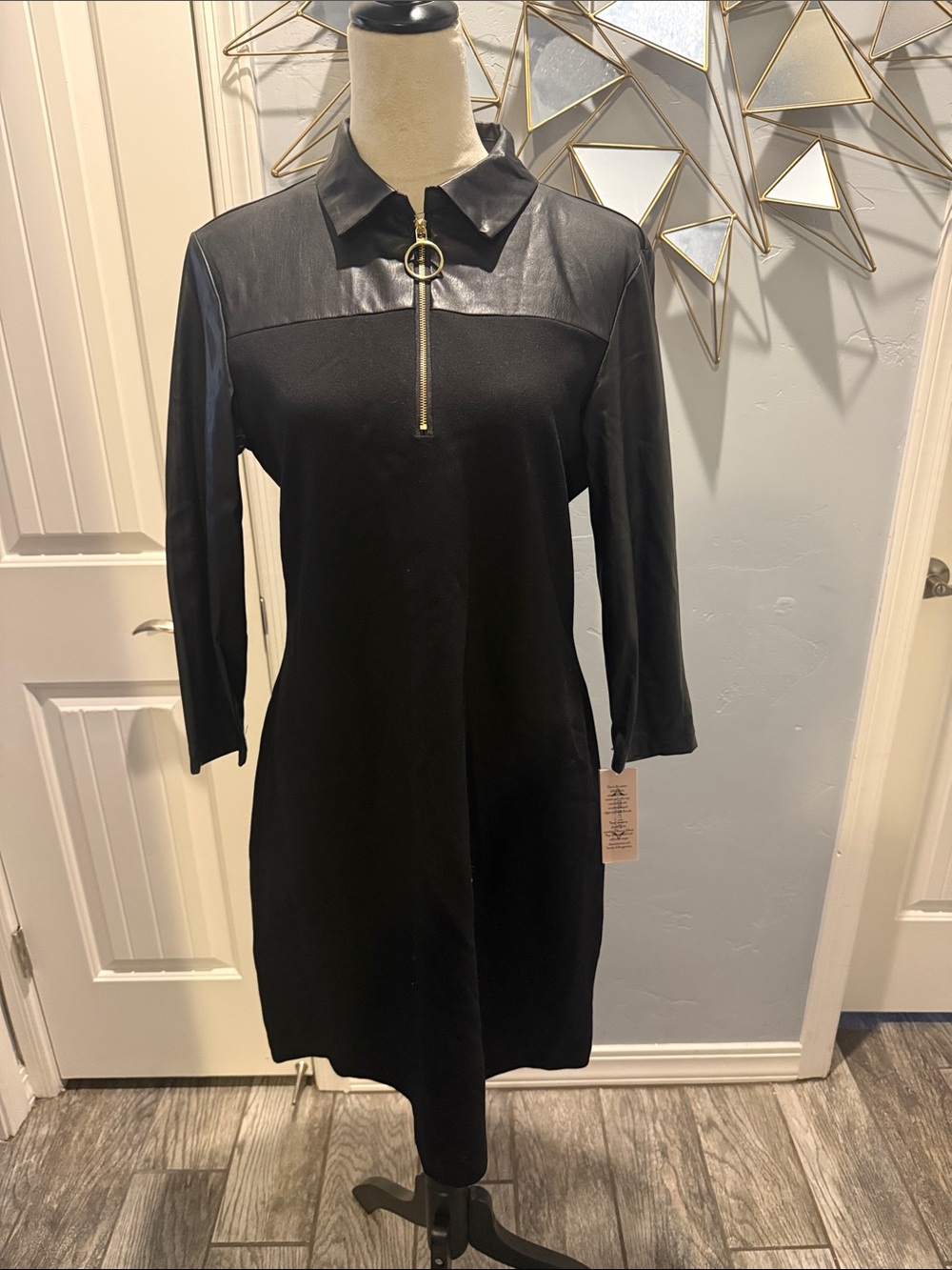 Nanette Lepore Black Zip-Front Collared Mini Dress with Pleather Sleeves